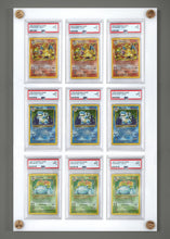 Load image into Gallery viewer, Custom UV resistant PSA BGS trading card display cases with customizable pegs for Pokemon, YuGiOh, Baseball, Basketball, Metazoo, Magic the Gathering, Harry Potter, Power Rangers, Digimon, Hockey, Football, Golf, Formula 1, Wrestling, & Garbage Pail Kids.