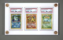 Load image into Gallery viewer, Custom UV resistant PSA BGS trading card display cases with customizable pegs for Pokemon, YuGiOh, Baseball, Basketball, Metazoo, Magic the Gathering, Harry Potter, Power Rangers, Digimon, Hockey, Football, Golf, Formula 1, Wrestling, & Garbage Pail Kids.