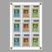 Load image into Gallery viewer, Custom UV resistant PSA BGS trading card display cases with customizable pegs for Pokemon, YuGiOh, Baseball, Basketball, Metazoo, Magic the Gathering, Harry Potter, Power Rangers, Digimon, Hockey, Football, Golf, Formula 1, Wrestling, &amp; Garbage Pail Kids.
