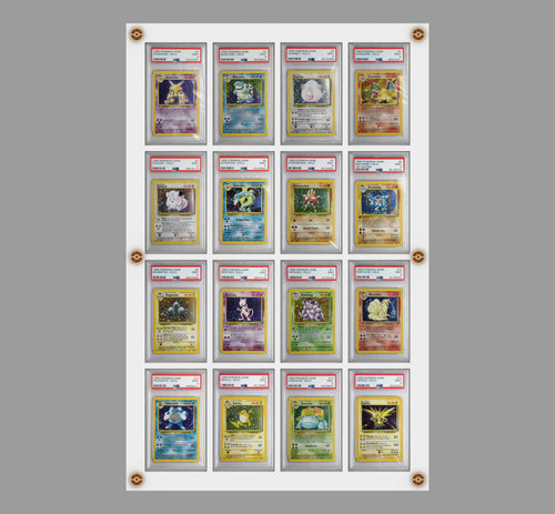 Custom UV resistant PSA BGS trading card display cases with customizable pegs for Pokemon, YuGiOh, Baseball, Basketball, Metazoo, Magic the Gathering, Harry Potter, Power Rangers, Digimon, Hockey, Football, Golf, Formula 1, Wrestling, & Garbage Pail Kids.